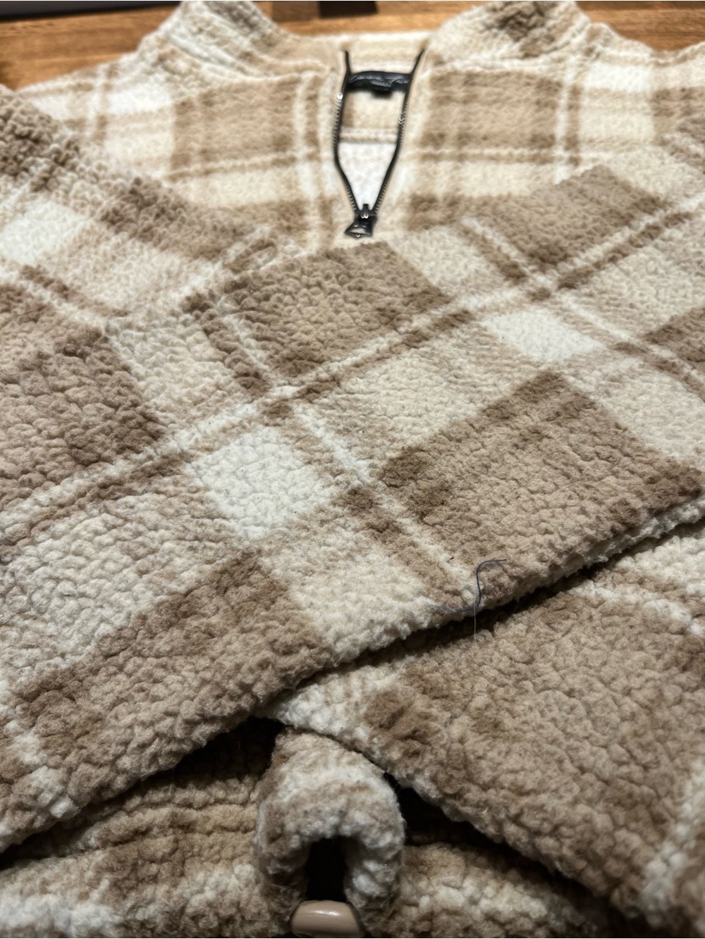 Love Tree Plaid Sherpa Half-Zip Pullover - Cream & Tan - Picture 5 of 7